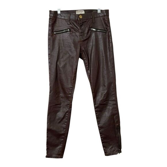 Current/Elliott Size 27 The Soho Zip Stiletto Skinny Brown Coated Ankle Pants - Picture 1 of 5